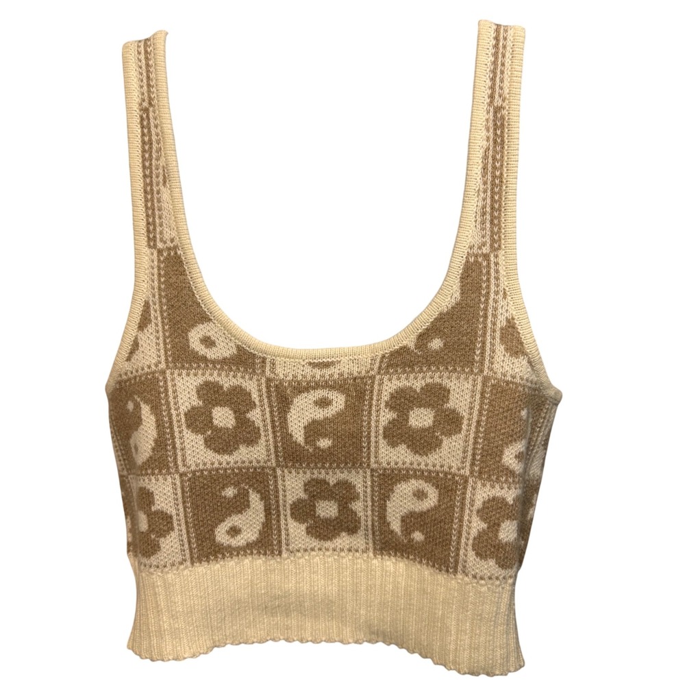 Knit Crop Tank Top Daisy Floral‎ Yin Yang Checkerboard M Hippie Festival 90s Y2K - Picture 2 of 7